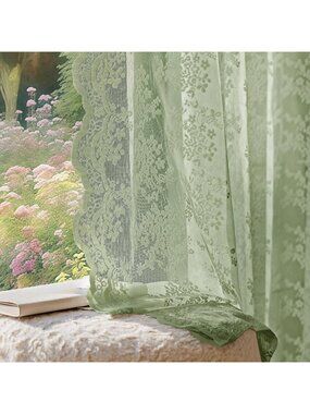 Vintage Sage Green Lace Curtains - 84" Light Filtering Floral Drapes, 2 Panels
